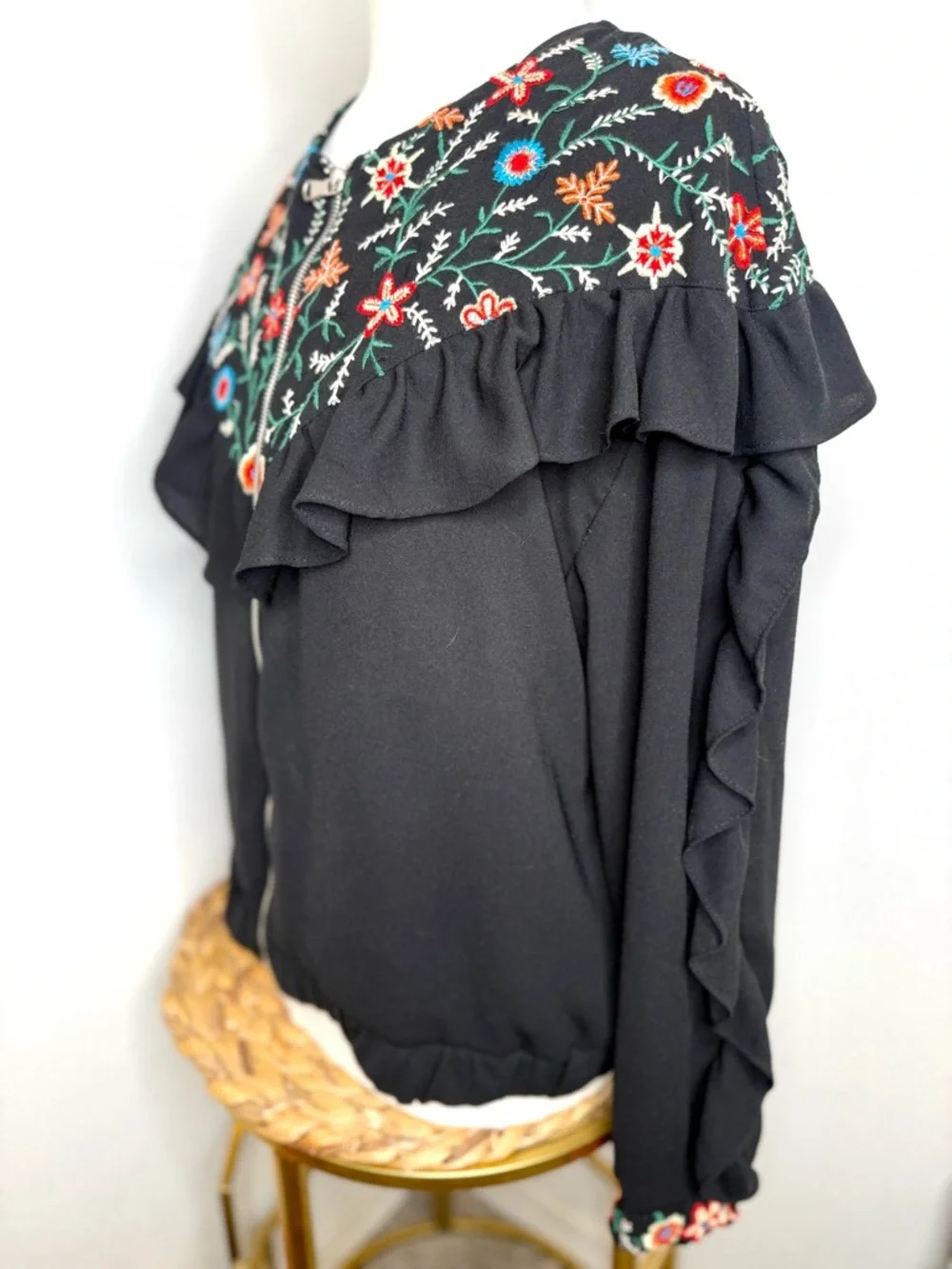 Zara Trf jacket Black embroidered Zip Up Bomber multi floral ruffle sleeve frill